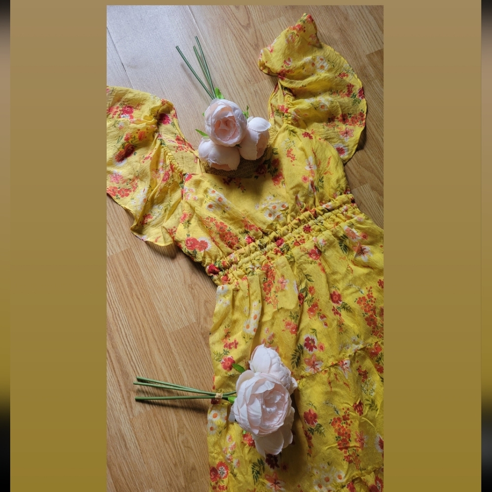 Yellow Floral Maxi Dress with Ruffle Sleeves